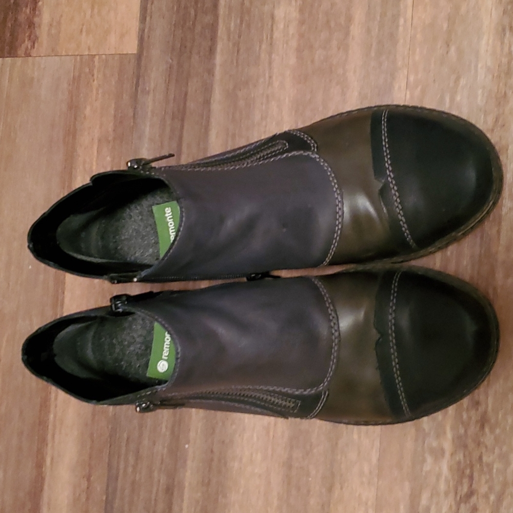Remonte by Reiker Black, Gray, Brown Leather Wing Tip Zip Up Low Heel Booties